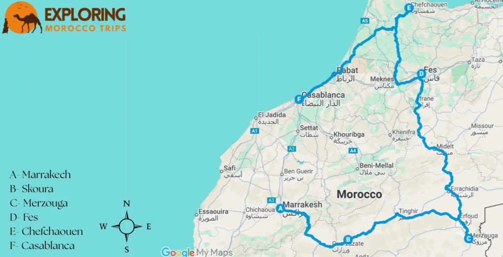 Map of a 6-day desert tour from Marrakech to Casablanca, passing through Skoura, Merzouga, Fes, and Chefchaouen.