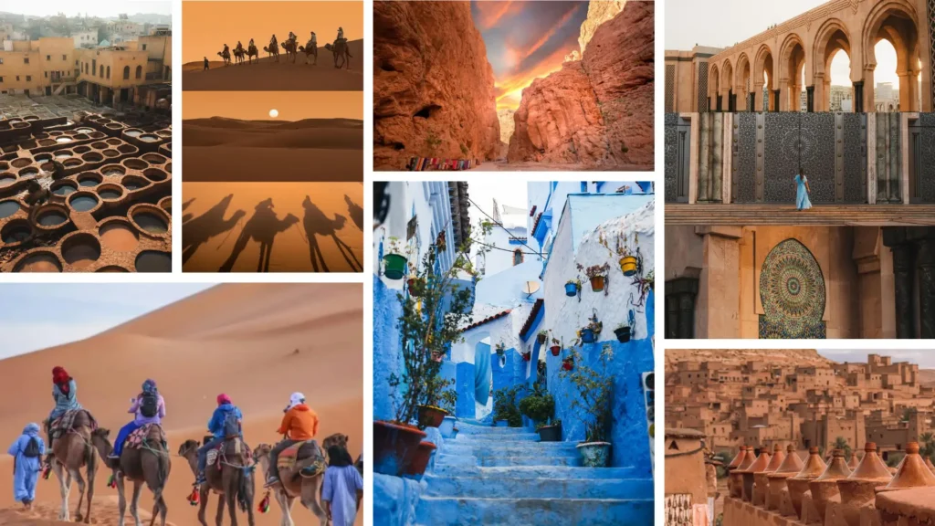 A diverse collage showcasing scenes from a 6-day desert tour Marrakech, including the Moroccan desert, camel rides, Todgha Gorge, Fes tanneries, the blue streets of Chefchaouen, and Hassan II Mosque in Casablanca.