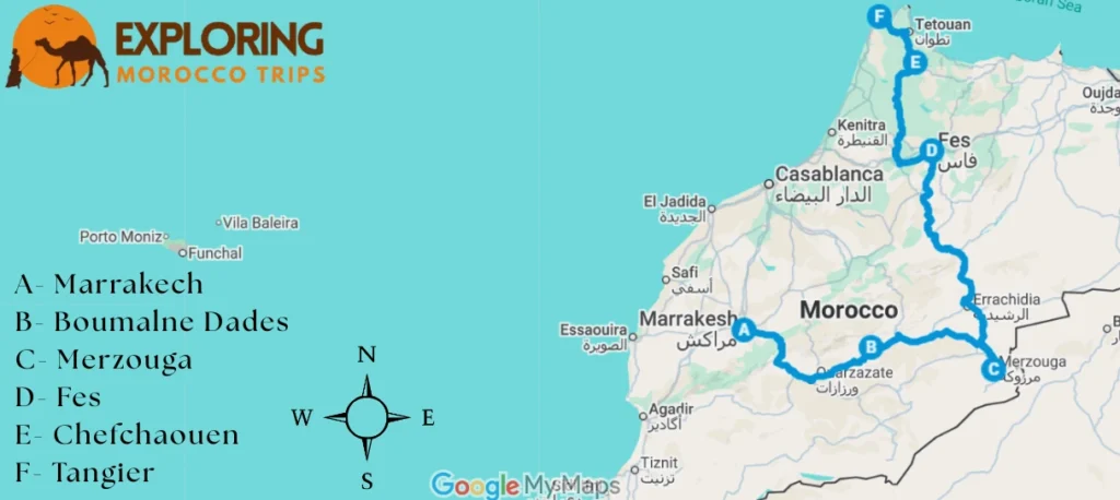 Map showing a 7 day Morocco itinerary from Marrakech to Tangier, passing through Merzouga, Fes, and Chefchaouen, including the desert and historic cities.