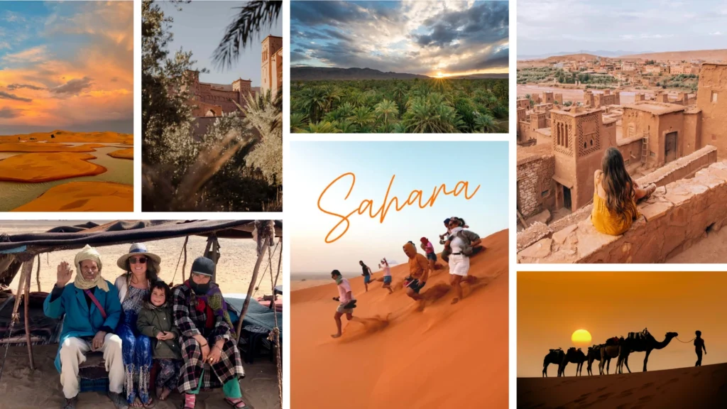 A collage of different photos showcasing highlights of a Marrakech to Sahara Desert tour 5 days, including camels at sunset, tourists enjoying their journey, the Ait Ben Haddou Kasbah, and other stunning Moroccan landscapes.