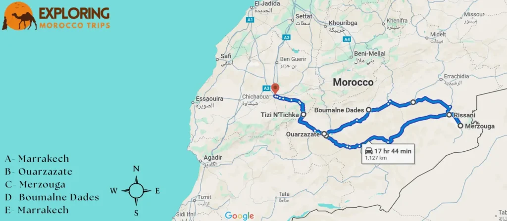 A map illustrating the 5 days tour from Marrakech to Merzouga, showing the route starting and ending in Marrakech and passing through Tizi n’Tichka, Ait Ben Haddou, and many other destinations.