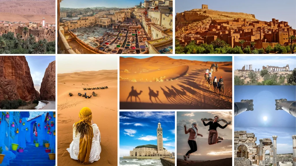 Collage showing Morocco itinerary 7 days with iconic landmarks and cities including Casablanca then Chefchaouen then Volubilis then leather workshops in Fes then Sahara camels then Ait Ben Haddou and more in a single image