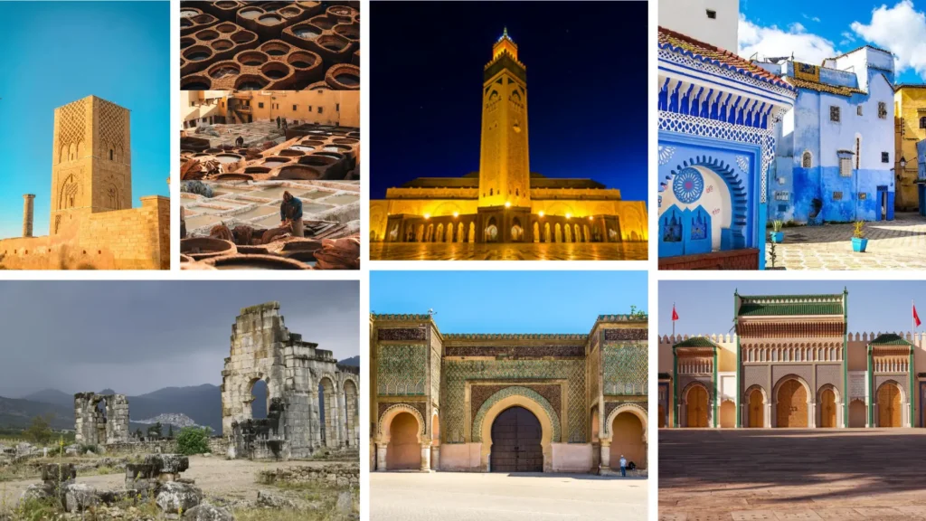 A collage of a Morocco itinerary 4 days featuring Hassan II Mosque in Casablanca, Hassan Tower in Rabat, the blue alleys of Chefchaouen, Bab Mansour in Meknes, the Roman ruins of Volubilis, and historical landmarks in Fes.
