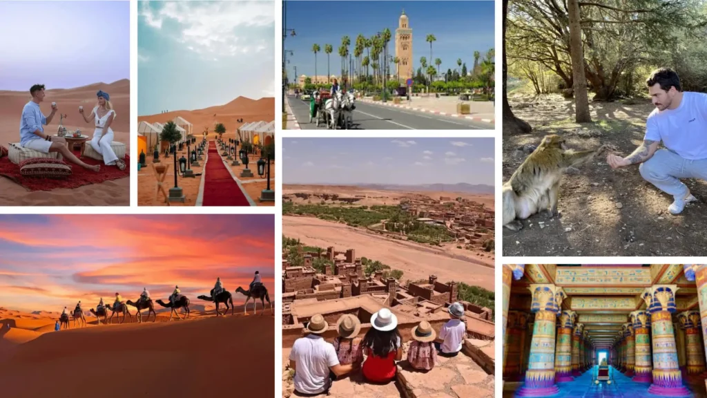 Collage of highlights from a 4 days tour from Marrakech to Fes including desert camps, camel rides, Ait Ben Haddou, and cultural experiences.