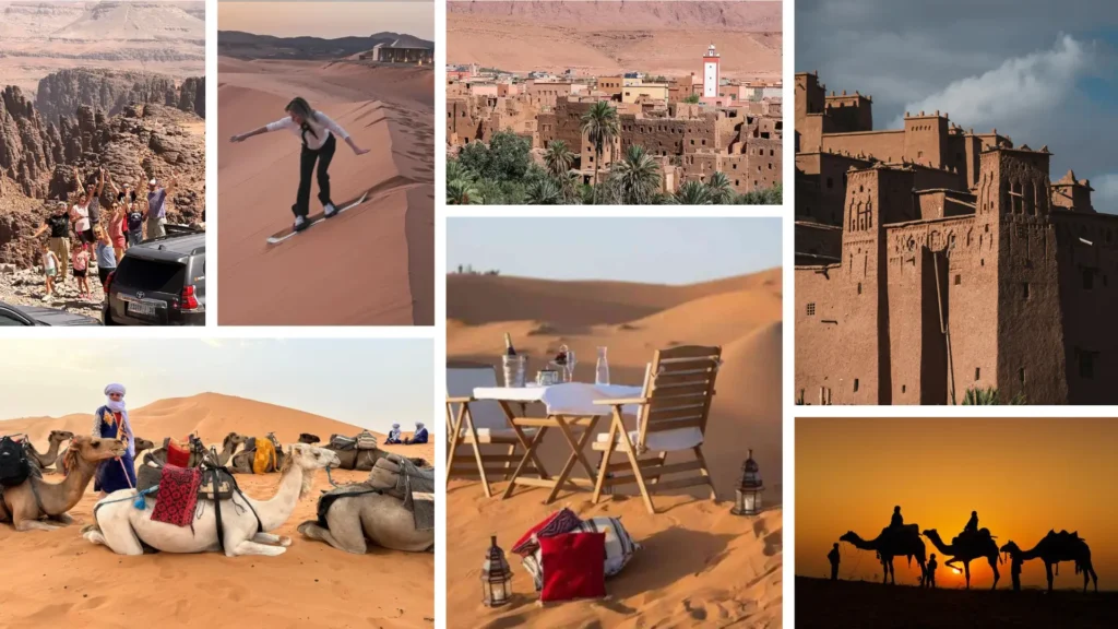 Collage of highlights from a 5 days tour from Fes to Marrakech including camel rides at sunset, romantic desert landscapes, Kasbahs, and many other remarkable destinations.