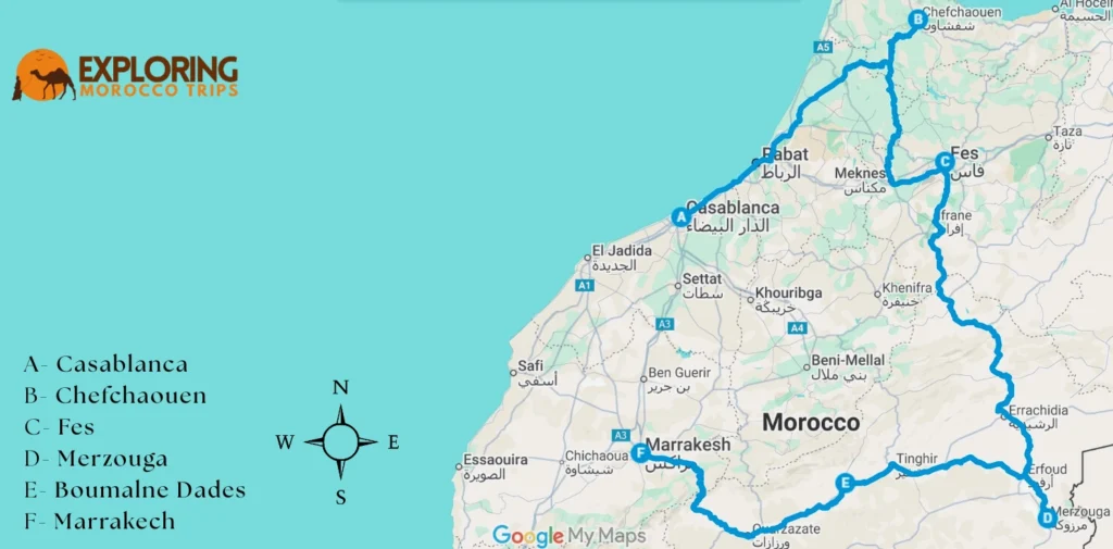 Complete Morocco itinerary 10 days map showing the route from Casablanca to Rabat then to Chefchaouen then to Fes then to the Sahara Desert then to Boumalne Dades then to Ouarzazate and ending in Marrakech