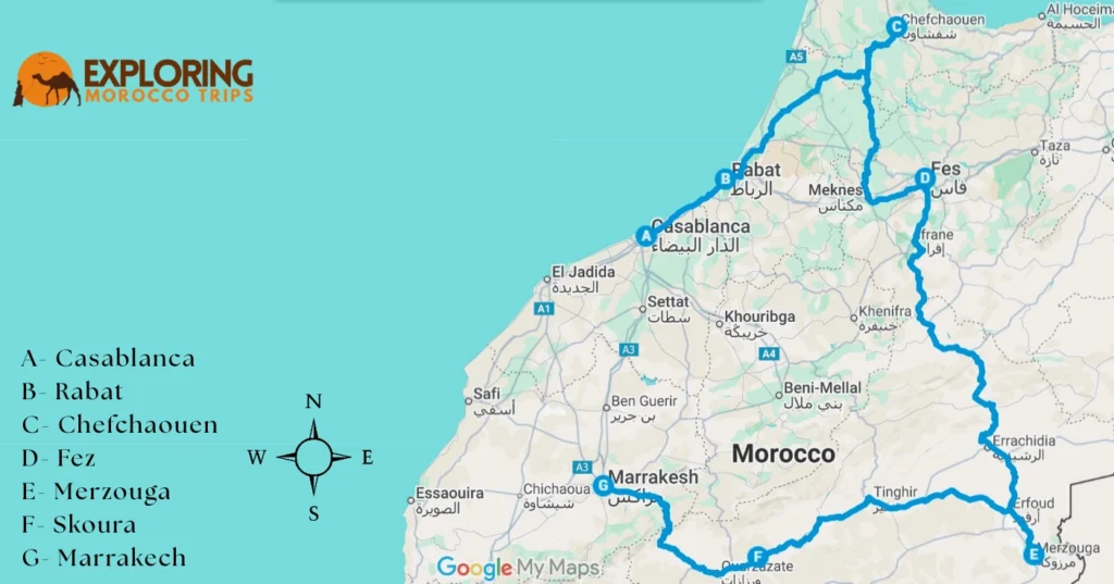 Map of Morocco itinerary 7 days from Casablanca to Rabat Chefchaouen Fes desert Skoura and Marrakech