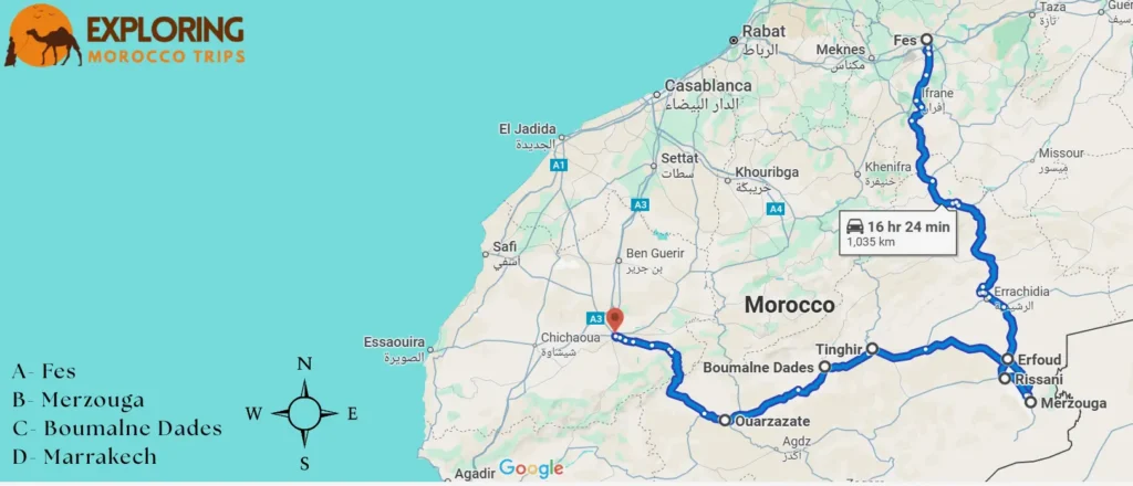 Map of a 4-day tour route from Fes to Marrakech, including Merzouga desert, Boumalne Dades, and many other places.