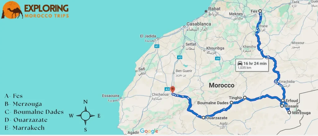 A map showing the route of a 5 days tour from Fes to Marrakech, passing through Merzouga, Boumalne Dades, and Ouarzazate, with a two-night stay in the desert.