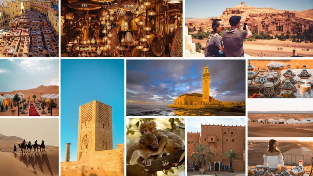 Collage of a 6-day Morocco itinerary showing iconic landmarks and cities including Hassan II Mosque then Hassan Tower in Rabat then leather workshops in Fes then luxury desert camp in the Sahara then lantern shops in Marrakech and more in a single image