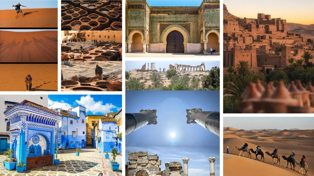 A diverse collage showcasing scenes from a Morocco 7 Day Tour, including sand dunes, ancient cities, Roman ruins, Chefchaouen’s blue streets, Fes, and various historical and cultural sites.