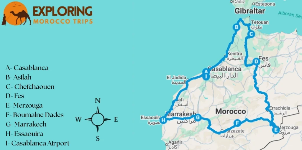 A map showing the route of the Morocco 2 week itinerary, including Casablanca, Asilah, Chefchaouen, Fes, Merzouga, Boumalne Dades, Marrakech, Essaouira, and ending at Casablanca Airport.