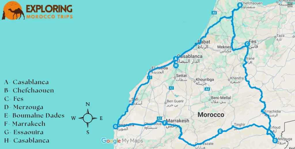 Map of the Morocco 12 day itinerary starting from Casablanca and including cities such as Rabat, Chefchaouen, Fes, Merzouga, and Marrakech, ending in the same city where it began.