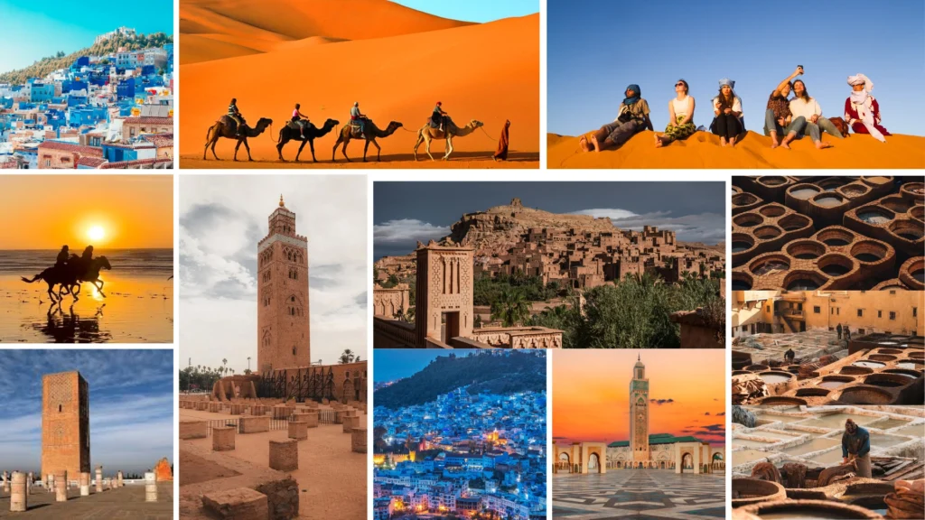 A collage of the top destinations in a 12 day Morocco itinerary starting from Casablanca, including Rabat, Chefchaouen, Fes, Merzouga Desert, and many other amazing locations.