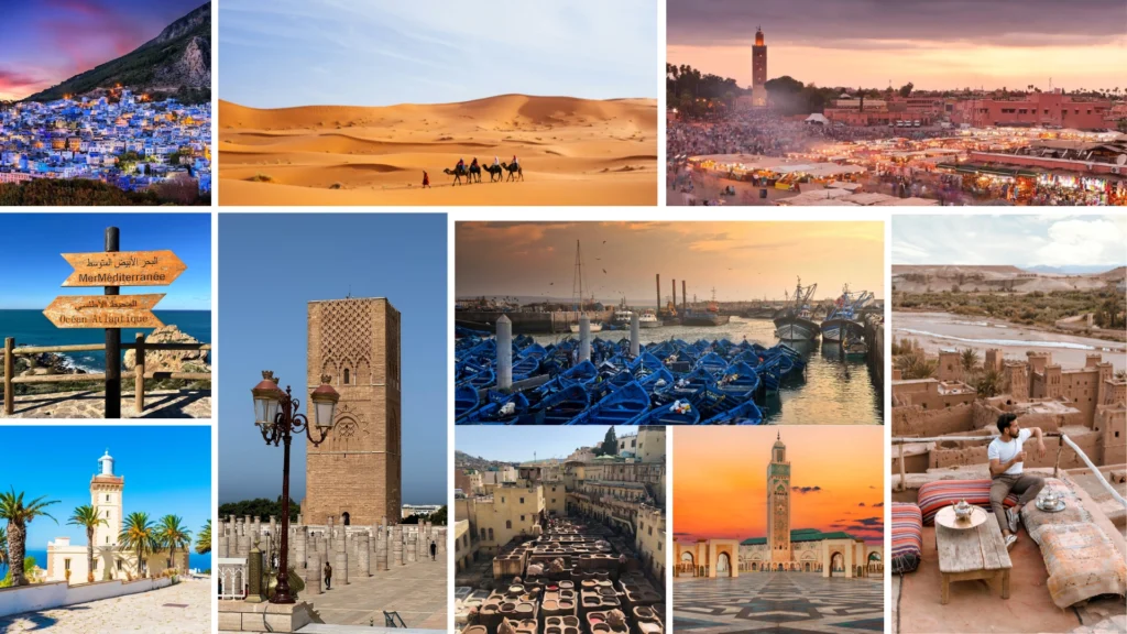 A collage of Morocco’s most iconic destinations, including Chefchaouen, Merzouga Desert, Marrakech, Essaouira, Casablanca, and Ouarzazate, featured in the Morocco itinerary 14 days.