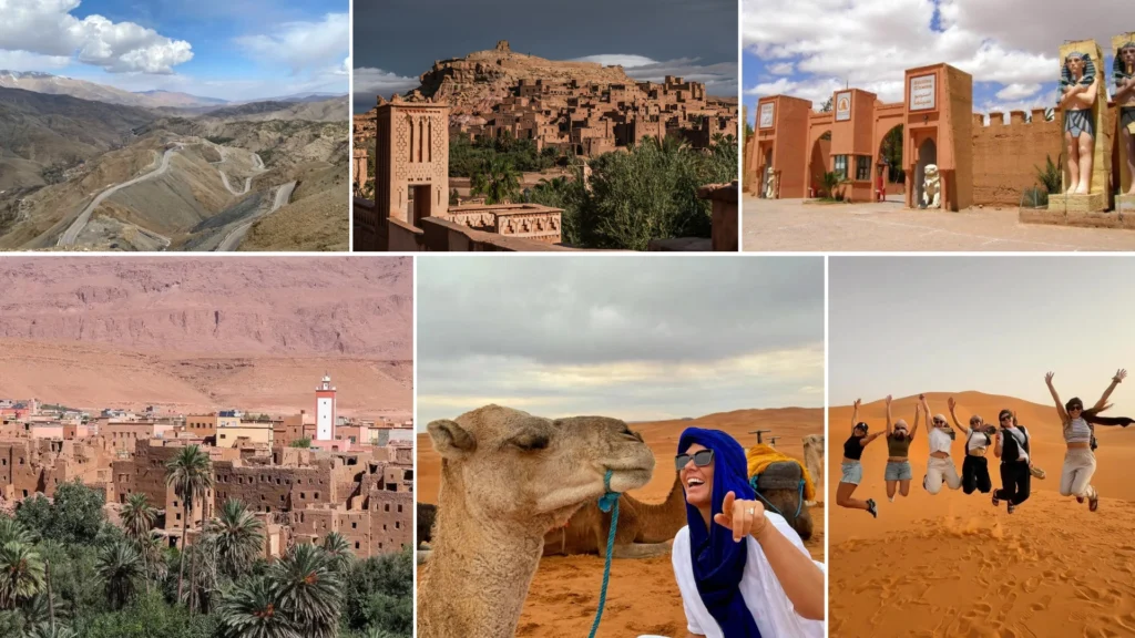 A collage image of the 3 days Marrakech to Fes desert tour, featuring camels in the Merzouga dunes, mountainous views of Tizi n’Tichka in the Atlas, traditional Berber villages along the route, and Atlas Studios.