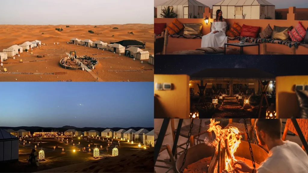 A luxury desert camp featuring tents and lanterns decorating the camp in the middle of the desert, with tourists gathered around the campfire, enjoying music, all during a 3 day desert trip Marrakech to Fes.