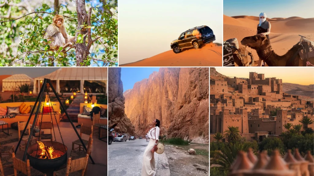 An image highlighting key stops along the Fes to Marrakech desert tour 3 days, including the cedar forest in Azrou where wild monkeys live, thrilling 4x4 adventures in the Merzouga sand dunes, camel trekking through the desert, a luxurious desert camp under a starry sky, the dramatic rocky passage of Todra Gorge, and the historic village of Ait Ben Haddou with its traditional architecture.