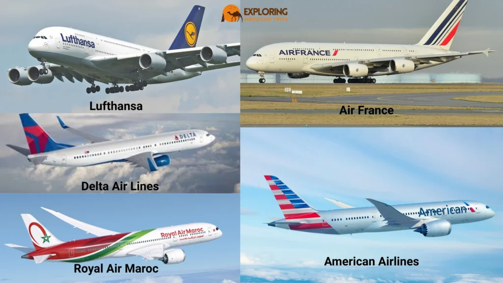 Image showing international airlines offering routes from the USA to Morocco. Can I travel to Morocco from USA now? Includes Royal Air Maroc (best direct flights from JFK), American Airlines, Delta Air Lines (via Europe), Air France (transit in Paris), and Lufthansa (transit in Frankfurt).