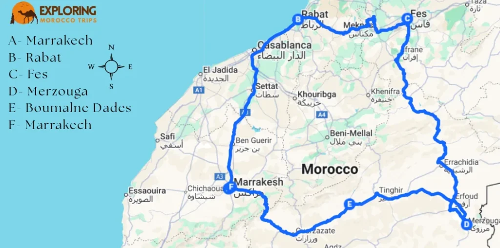 A map showing an 8 day Morocco trip route starting and ending in Marrakech, passing through Casablanca, Rabat, Volubilis, Meknes, Fes, Merzouga, and Boumalne Dades.