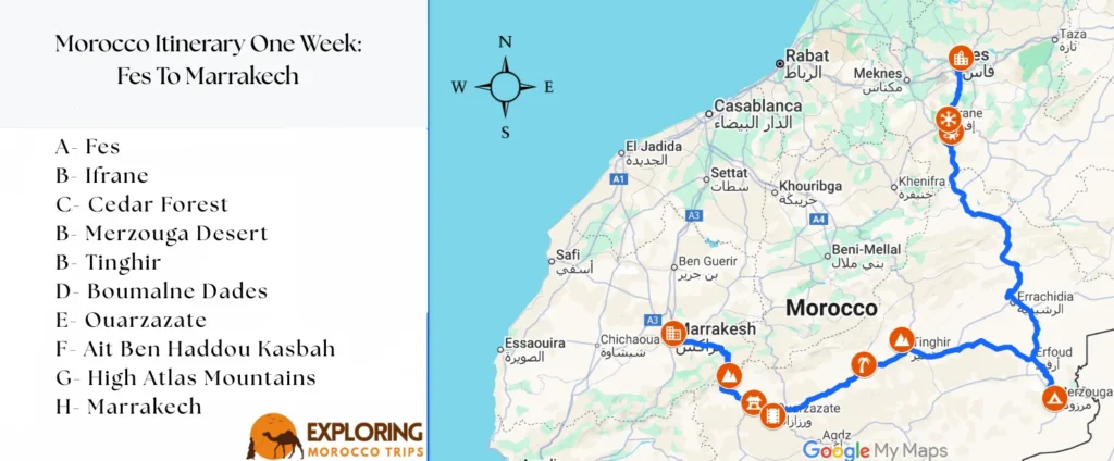 Map showing a Morocco itinerary One week from Fes to Marrakech with various natural, cultural, and historical stops