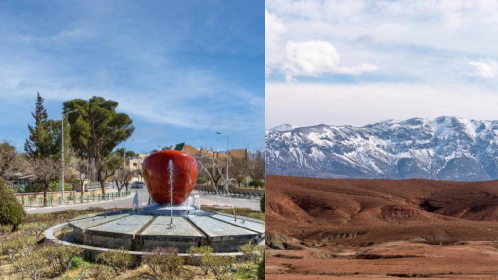 Split image showing a public square in Midelt, Morocco, with a red apple-shaped fountain, alongside a scenic view of the snow-covered Atlas Mountains.