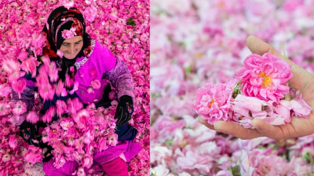 A woman sits surrounded by pink roses during the Rose Festival in Kalaat M'Gouna, while a hand holds a bunch of fresh blooms used in traditional rosewater and perfume production.