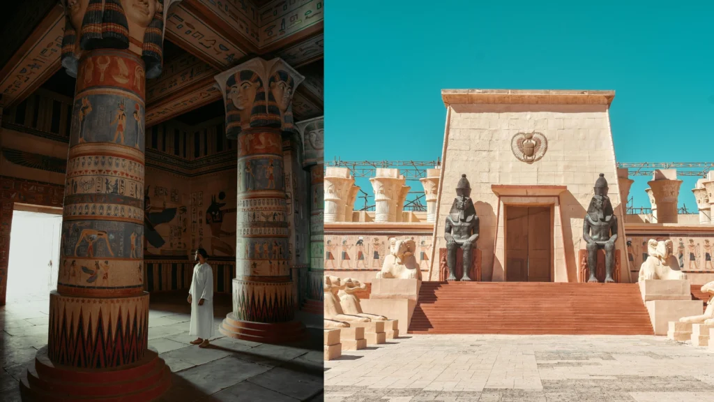 A Pharaonic-style temple set inside Atlas Studios in Ouarzazate, visited during a 3 day desert tour from Marrakech to Fes.