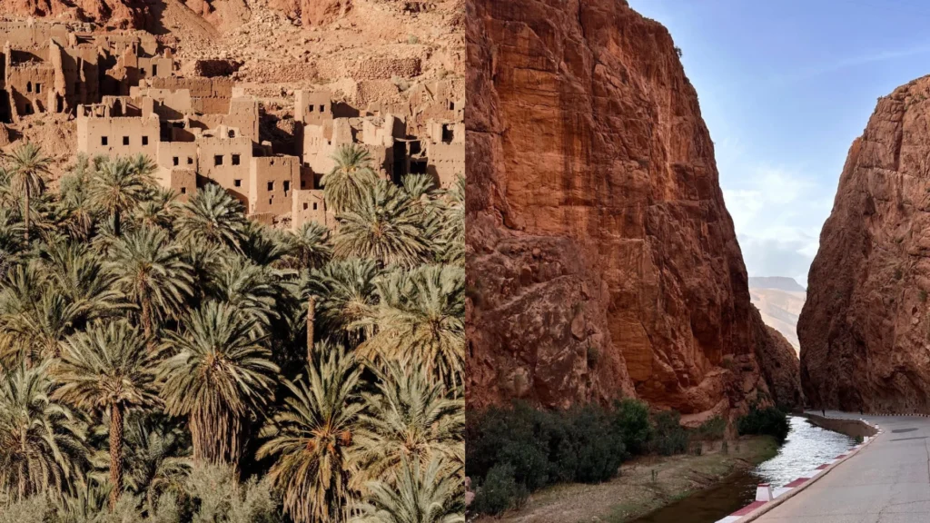The image shows two scenes: the first features palm trees in Tinghir with ancient kasbahs, and the second shows the Todgha Gorge with a small river. These two spots are among the top attractions visited by tourists during Marrakech to Fes desert tours.