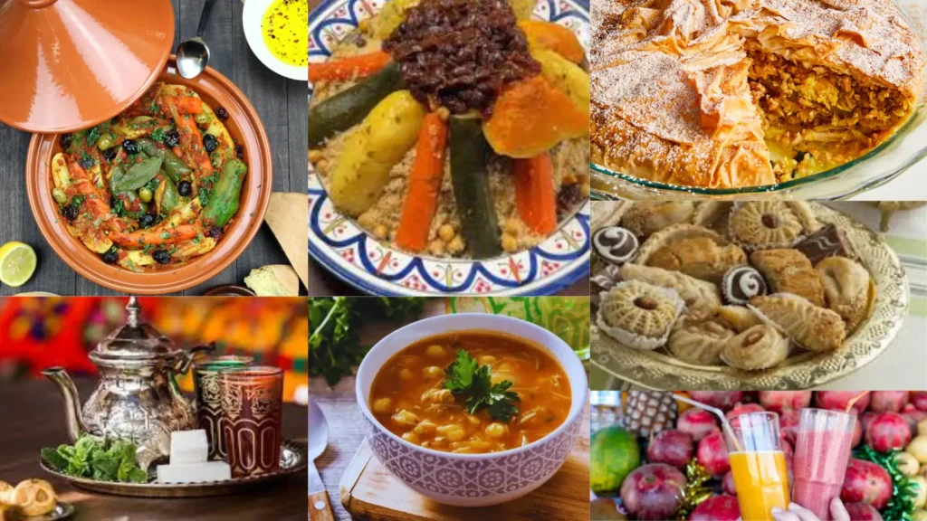 A vibrant collage of Moroccan dishes, including tagine, couscous, pastilla, harira soup, mint tea, Moroccan pastries, and fresh orange juice, perfect for those planning to travel to Morocco from USA.