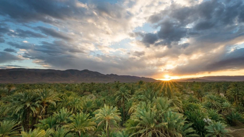 View of Ziz Valley in southeastern Morocco, with palm trees and mountains in the background during sunset, often seen on a 3 days desert trip from Marrakech to Fes.