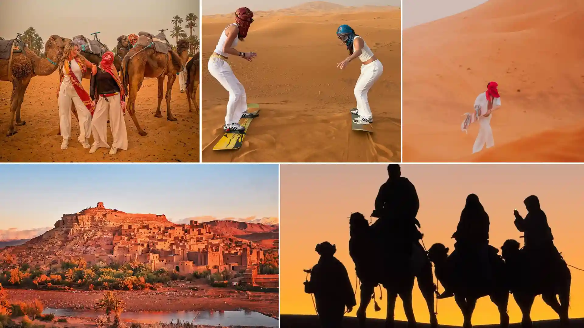 A detailed collage showing highlights of a 5 days tour from Fes to Marrakech, featuring travelers in red turbans posing with camels, two friends sandboarding in the high Merzouga dunes, a tourist in a vibrant desert landscape, the ancient fortified village of Ait Ben Haddou at sunset, and a silhouette of a camel caravan at twilight. This 5 days desert tour from Fes to Marrakech captures the adventure, culture, and stunning scenery of 5 days in Morocco.