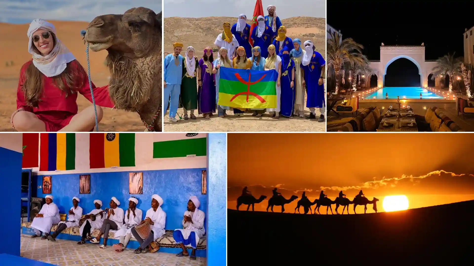 A professional collage representing a 5 days tour from Fes to Marrakech, featuring a traveler with a camel, a large group in traditional Berber clothing holding the Amazigh flag, a luxury riad pool at night, a live performance of Gnawa music in Khamlia, and a camel caravan during a Saharan sunset. This 5 days desert tour from Fes to Marrakech highlights the rich culture and hospitality of 5 days in Morocco.