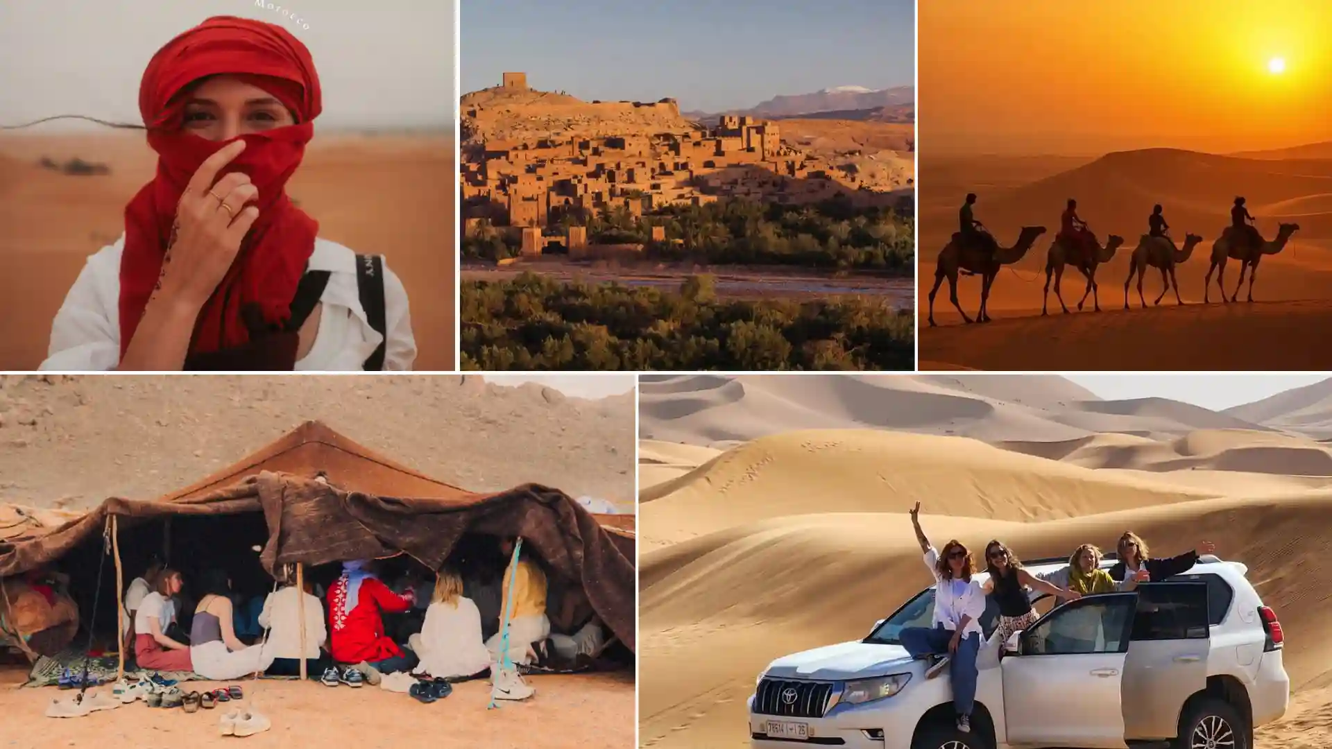 A professional collage showcasing a 5 days tour from Fes to Marrakech, featuring a traveler in a traditional red turban, the ancient Kasbah of Ait Ben Haddou at sunset, a camel trek across the Merzouga dunes, and a group visiting nomadic families in a traditional tent. This 5 days desert tour from Fes to Marrakech highlights the best of 5 days in Morocco, including 4x4 off-road adventures and authentic cultural encounters.
