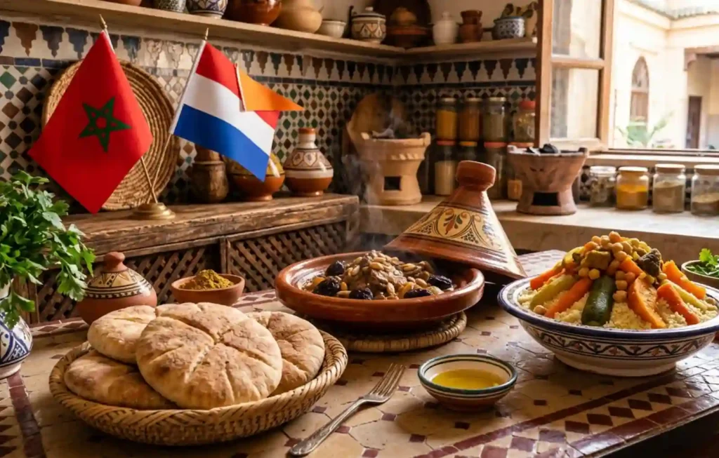 A traditional Moroccan kitchen scene featuring a variety of classic Moroccan food including fresh round khobz bread in a wicker basket, a steaming lamb tagine with prunes and almonds, and a large colorful bowl of vegetable couscous topped with chickpeas. The Dutch and Moroccan flags are displayed together on a rustic wooden counter against a background of intricate mosaic zellij tiles, open windows, and shelves filled with spice jars and pottery.