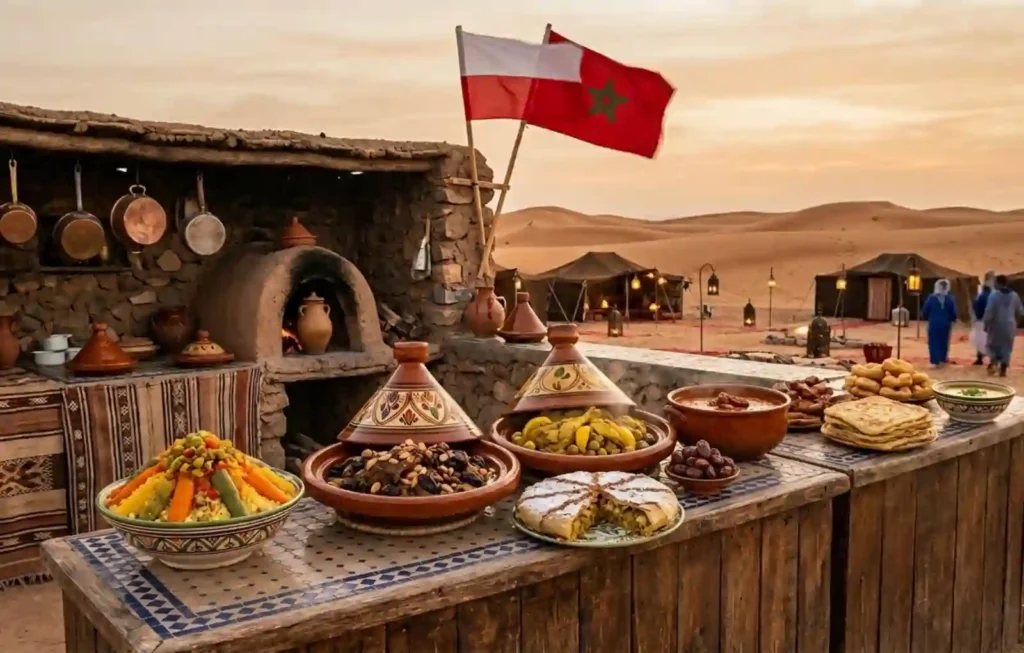 A long wooden table in a Sahara desert camp featuring traditional Moroccan food like Seven Vegetable Couscous, Lamb Tagine, Pastilla, and Harira soup, displayed with the flags of Poland and Morocco to welcome visitors traveling to Morocco from Poland.
