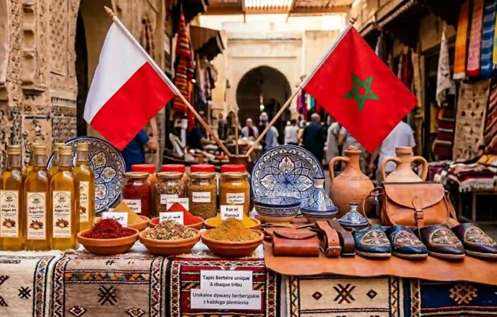 A vibrant display of authentic moroccan products including organic Argan Oil, handcrafted leather bags, colorful ceramics, and Ras el Hanout spices, presented with the flags of Poland and Morocco to welcome those planning a journey from Poland to Morocco.