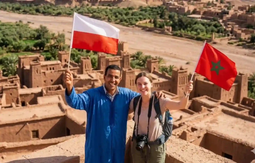 A professional local tour guide from Exploring Morocco Trips and a tourist from Poland holding the Polish and Moroccan flags at the historic Aït Benhaddou ksar, showcasing the ease of travel to Morocco from Poland and the starting point for unforgettable Morocco Desert Trips.