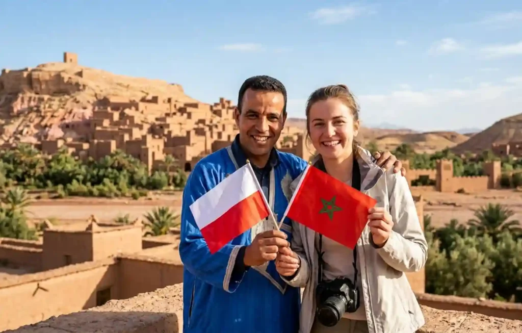 A smiling Moroccan tour guide and a Polish traveler holding the flags of Poland and Morocco at the UNESCO site of Ait Ben Haddou, representing the best way to travel to Morocco From Poland for authentic Morocco Desert Trips and cultural Sahara adventures.