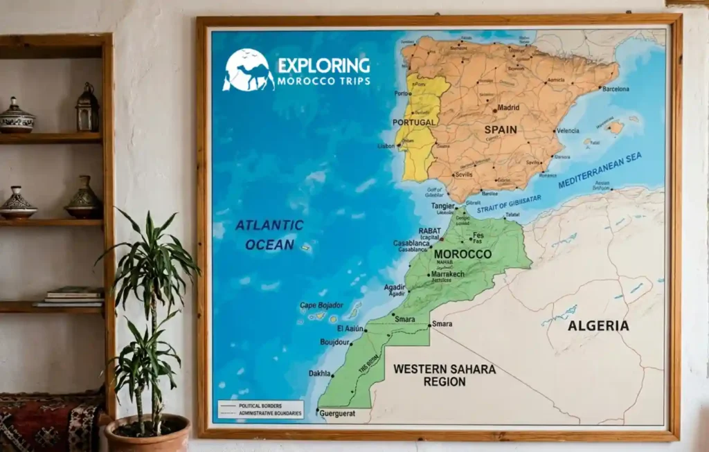 A detailed wall map of Spain Portugal Morocco displayed in a cozy interior setting. The map shows the geographic connection between the Iberian Peninsula and North Africa across the Strait of Gibraltar, highlighting key cities for travelers planning an integrated journey.