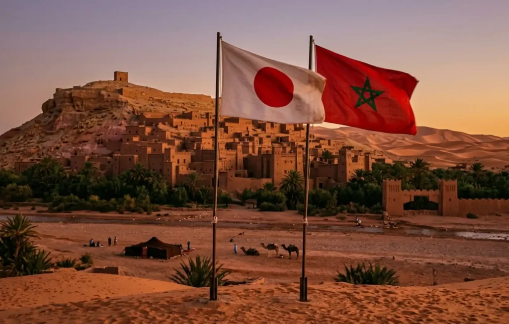 The national flags of Japan and Morocco wave from poles in the Sahara Desert sand dunes, overlooking the ancient mud-brick ksar of Ait Ben Haddou at sunset. This image represents the bridge for those who want to travel to Morocco from Japan, showcasing camel treks and traditional tents in a lush palm-filled riverbed during the golden hour on a Japan to Morocco cultural expedition.