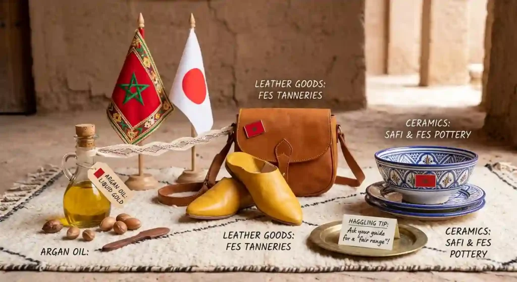 A curated collection of Moroccan artisanal treasures displayed on a traditional hand-woven Berber rug. The photograph features miniature Moroccan and Japanese flags standing side-by-side, connected by a decorative cord. On the left is a bottle of golden Argan Oil labeled "Liquid Gold," surrounded by argan nuts. In the center are rich, tan-colored leather products, including a handmade shoulder bag and a pair of traditional yellow 'Babouche' slippers (pointy-toed). On the right is an intricately painted blue-and-white ceramic bowl and plates, typical of Safi or Fes pottery. This image serves as a detailed shopping guide for anyone who plans to travel to Morocco from Japan, showcasing unique souvenirs and offering a key haggling tip.