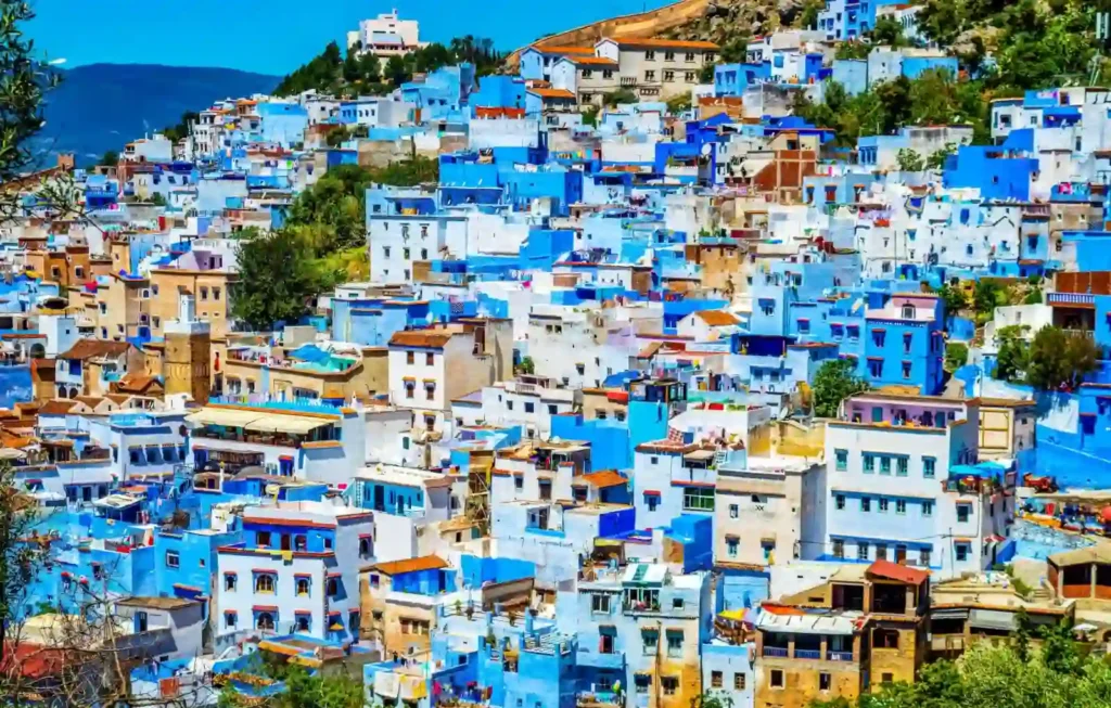 A wide, vibrant view of the blue-painted houses and buildings of Chefchaouen, Morocco, nestled against a hillside under a clear blue sky. This iconic destination is a highlight for anyone looking to travel to Morocco from Japan, showcasing the unique "Blue Pearl" architecture that attracts photography enthusiasts from around the world.