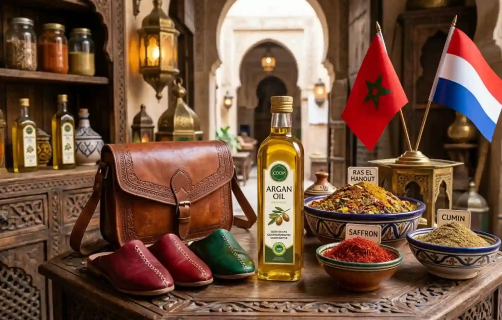 A beautiful display of traditional Moroccan products arranged on an ornate carved wooden table, featuring the Moroccan and Dutch flags standing together in the background. The foreground shows a bottle of pure Argan oil with a COOP seal, a hand-stitched brown leather bag, and colorful "Babouche" leather slippers in red and green. Beside them are ceramic bowls filled with vibrant spices including deep red Saffron, yellow Ras El Hanout, and ground Cumin, all set within a traditional Moroccan shop interior with arched doorways and hanging lanterns.