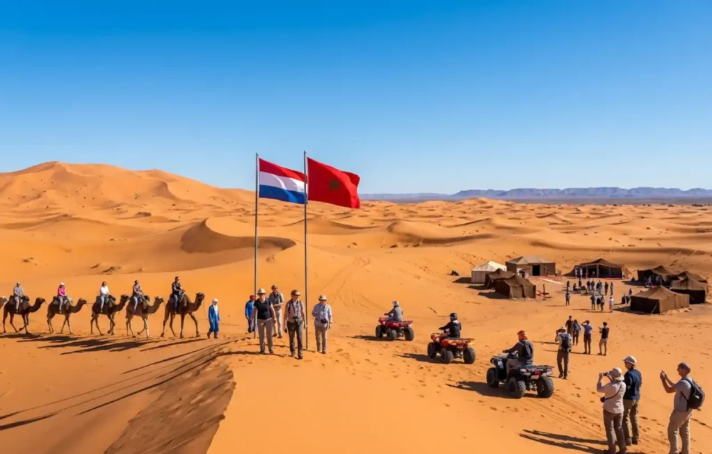 A group of tourists traveling from the Netherlands to Morocco enjoying a variety of activities in the Sahara Desert dunes. The scene features the Dutch and Moroccan flags waving from poles on a sand ridge, with a line of travelers on a camel caravan to the left and several people on orange and black quad bikes to the right. In the background, a traditional Berber desert camp with black and white tents is visible, while other travelers stand on the dunes taking photos of the vast desert landscape under a clear blue sky.