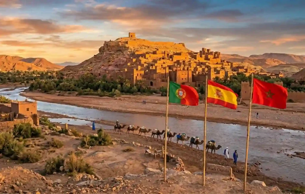 A panoramic view of the ancient Kasbah Ait Ben Haddou in Morocco with the flags of Portugal, Spain, and Morocco flying in the foreground. A camel caravan walks along the Wadi Ounila river at sunset, representing the perfect multi-country Morocco trips and cultural transition from Europe to Africa.
