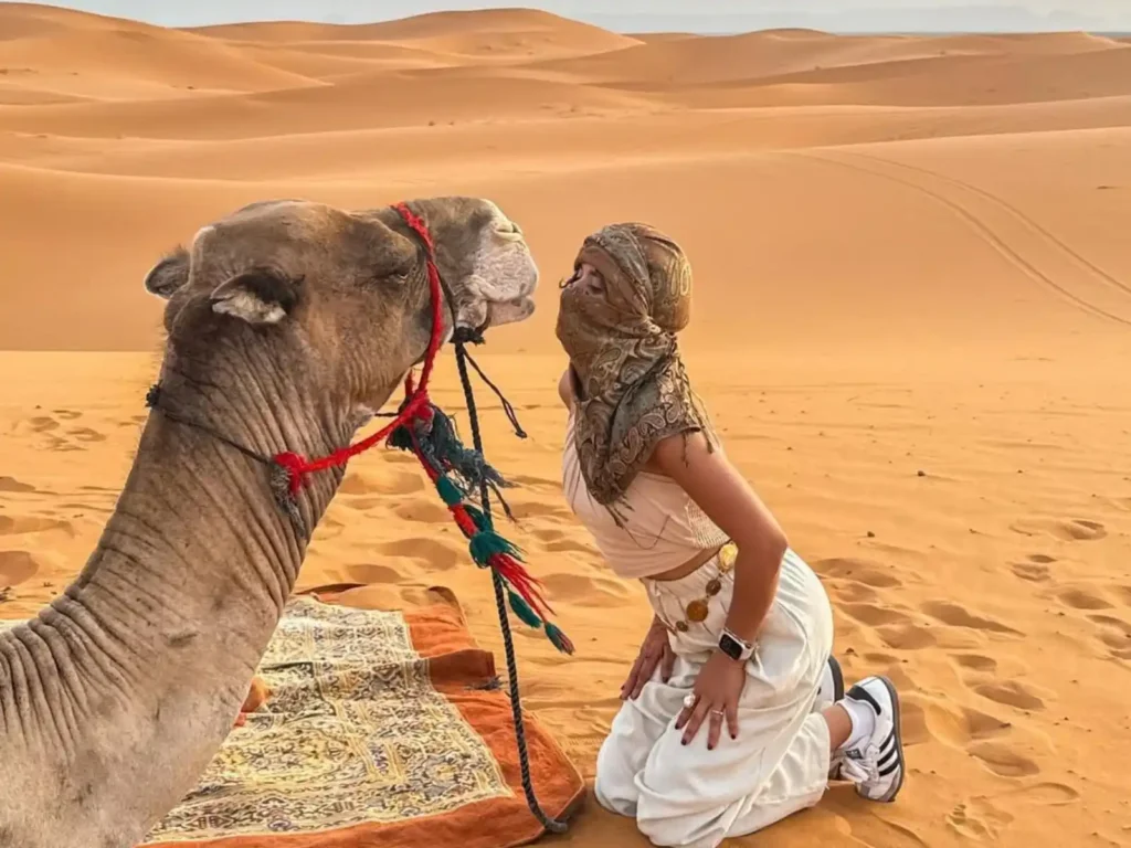 A traveler sharing a playful moment and a 'kiss' with a camel during a Fes to Marrakech desert tour in the Sahara.