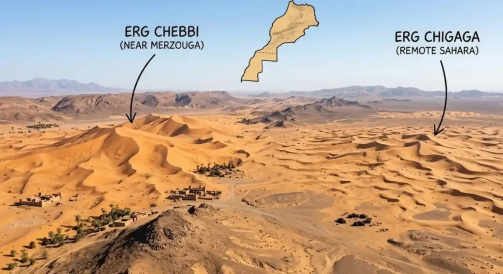 A detailed comparison map showing the Sahara Desert in Morocco, highlighting the Merzouga Sahara Desert (Erg Chebbi) on the left and the Erg Chegaga Desert Tour start point on the right, illustrating the difference between high dunes and rolling remote sands.