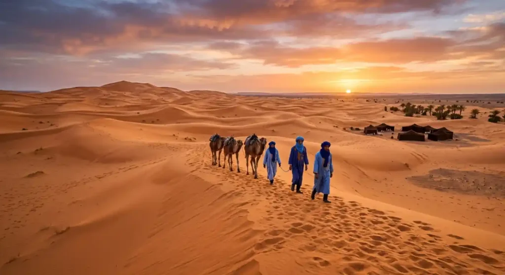 An expansive landscape of the Sahara Desert in Morocco during the golden hour, featuring a line of dromedary camels led by Sahrawi guides in traditional blue turbans across high sand dunes toward a luxury desert camp and oasis.