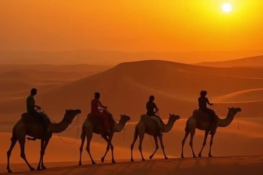 Silhouettes of travelers riding camels across the Erg Chebbi dunes at sunset during a professional Merzouga Desert Tour, a highlight of many Desert Tours from Fes.
